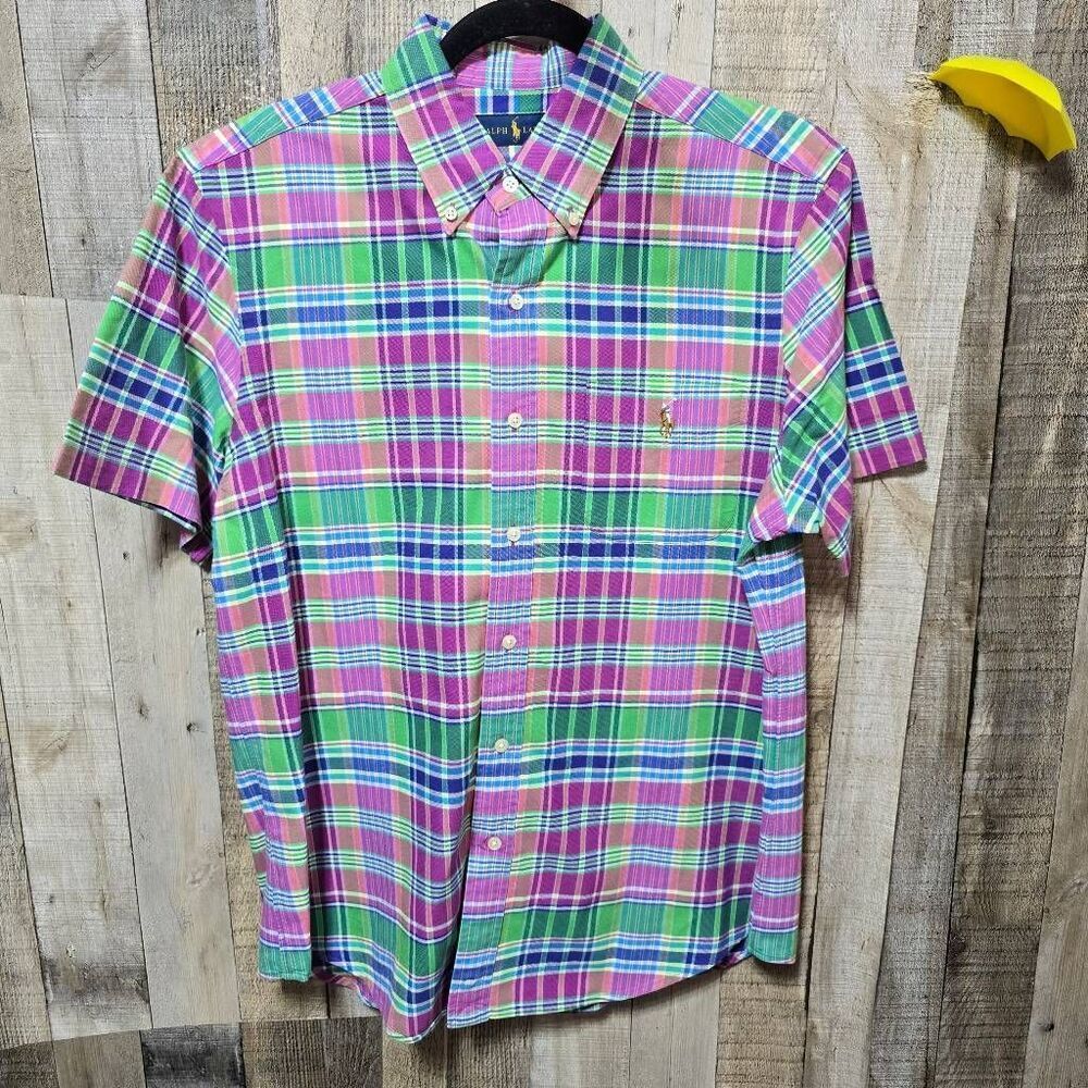 Ralph Lauren Pink Tartan Plaid Shirt Sleeve Button Up Shirt Preppy Summer Bright